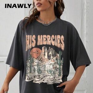 INAWLY His Mercies Are New Graphic Drop Shoulder Tee Graphic Tees Women Tops